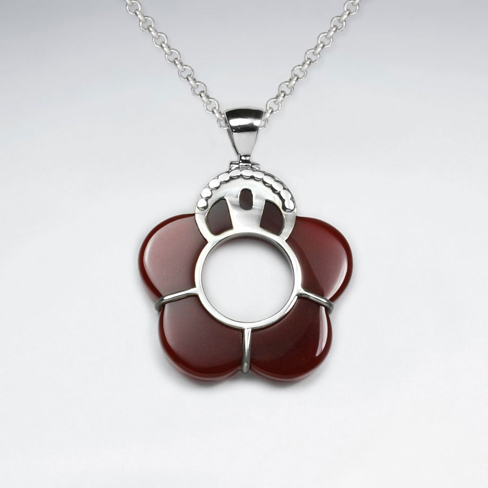 Open Carnelian Flower Silver Pendant