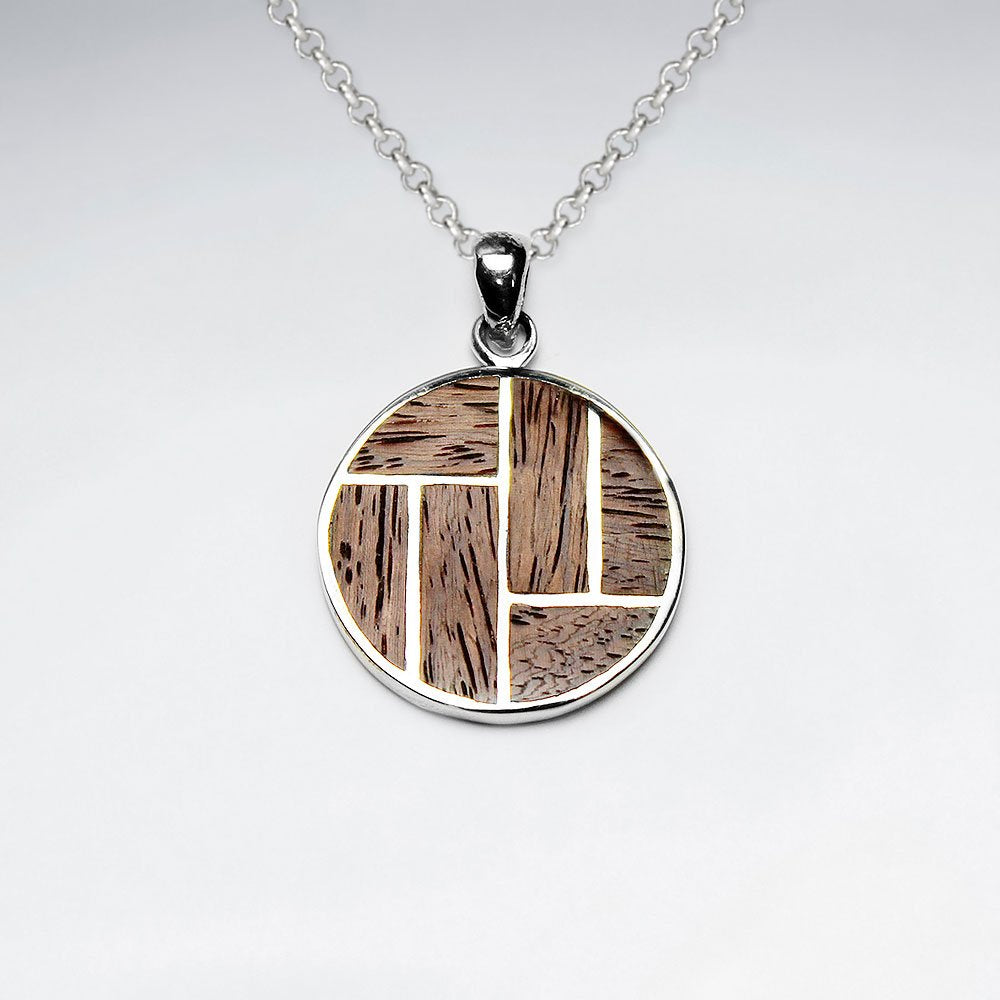 Round Brown Natural Wood Silver Pendant