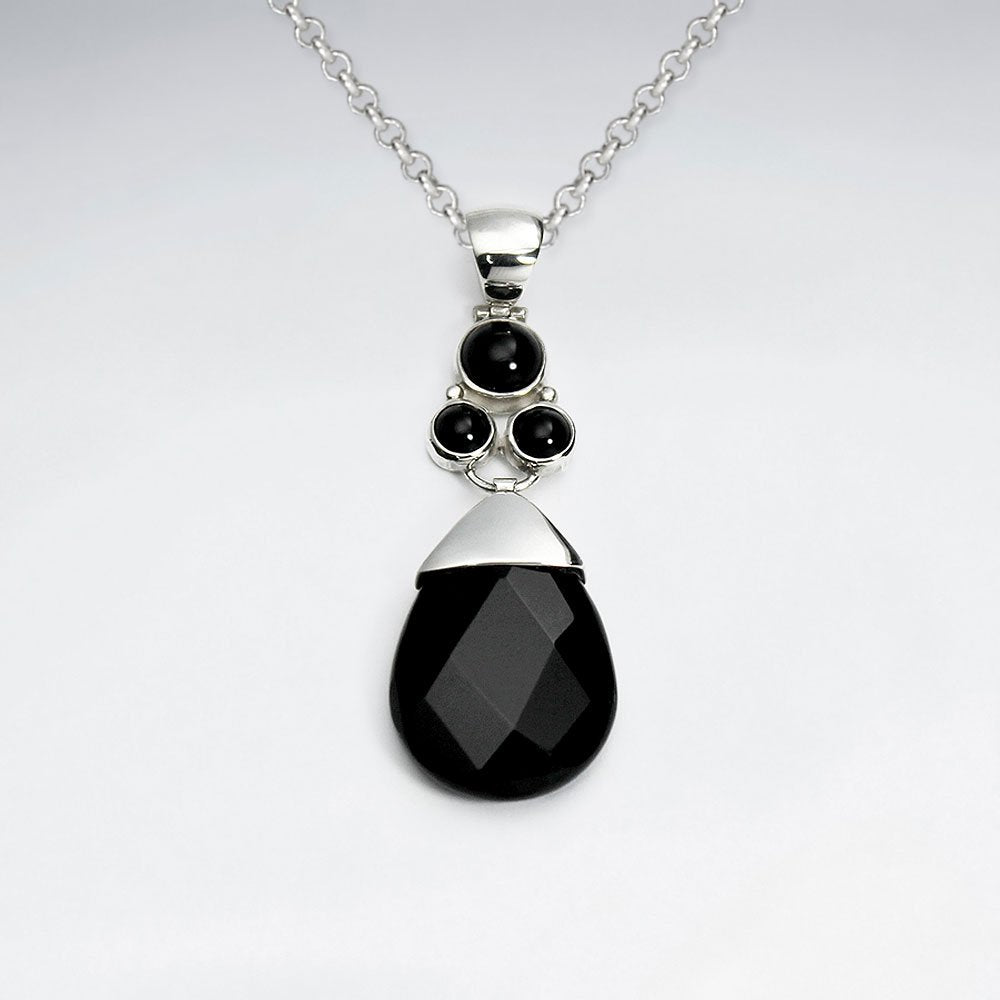 Drop Faceted Black Stone Silver Pendant