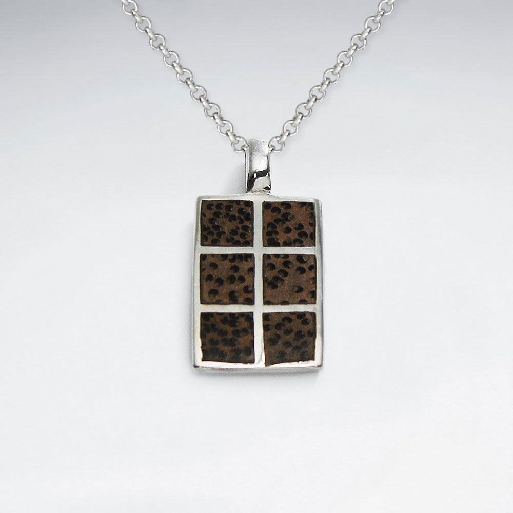 Rectangle Palm Wood Silver Pendant