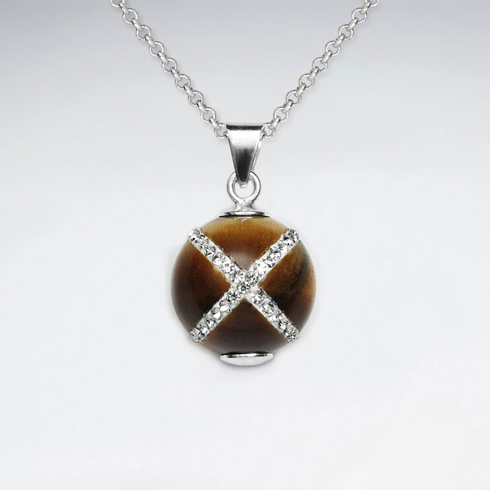 14 mm Tiger Eye Round Silver Pendant With White CZ Cross
