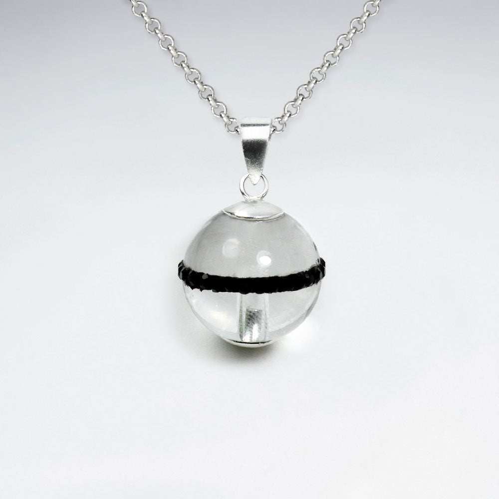 14 mm Black Stone Round Silver Pendant With White CZ Stripe