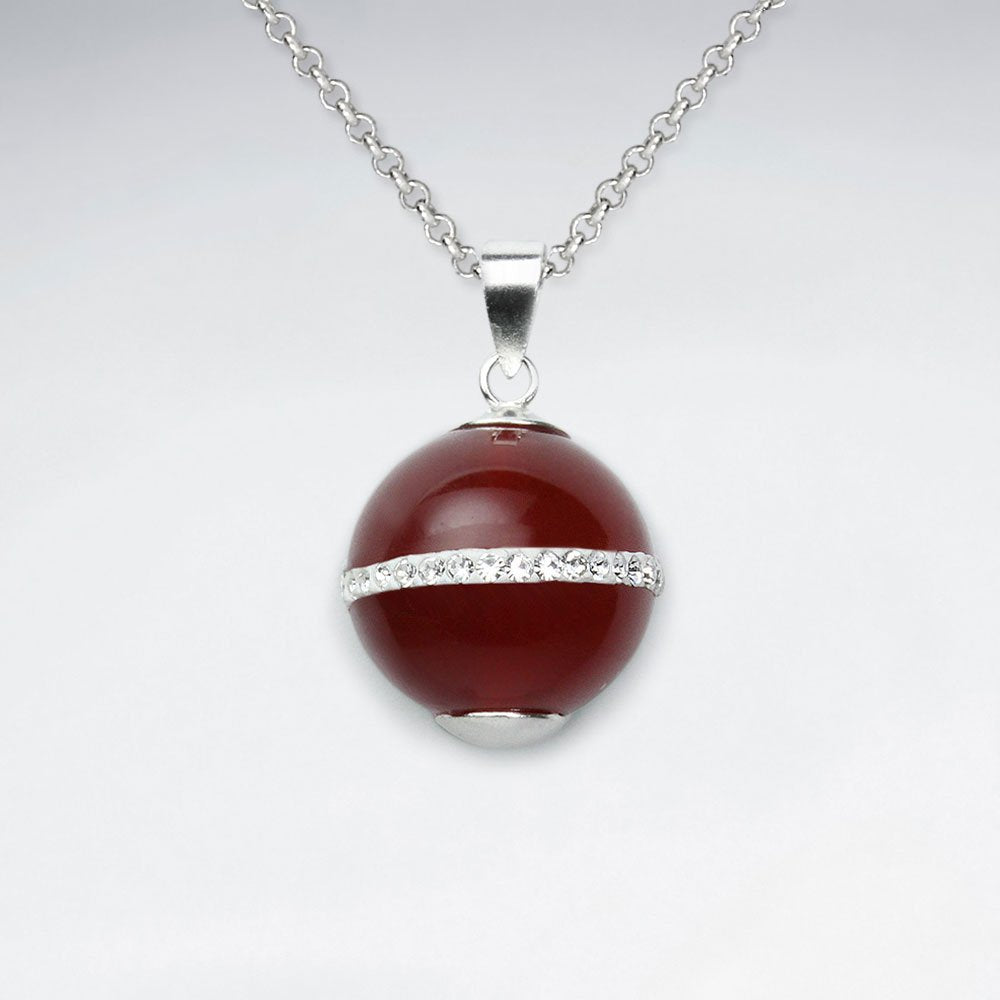 14 mm Black Stone Round Silver Pendant With White CZ Stripe