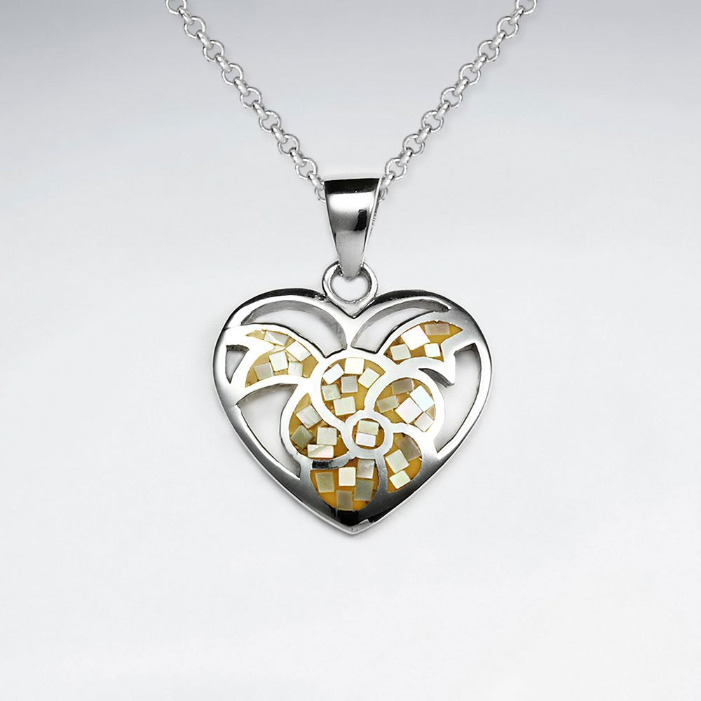 Blue Shell Heart Shape With Flower Silver Pendant