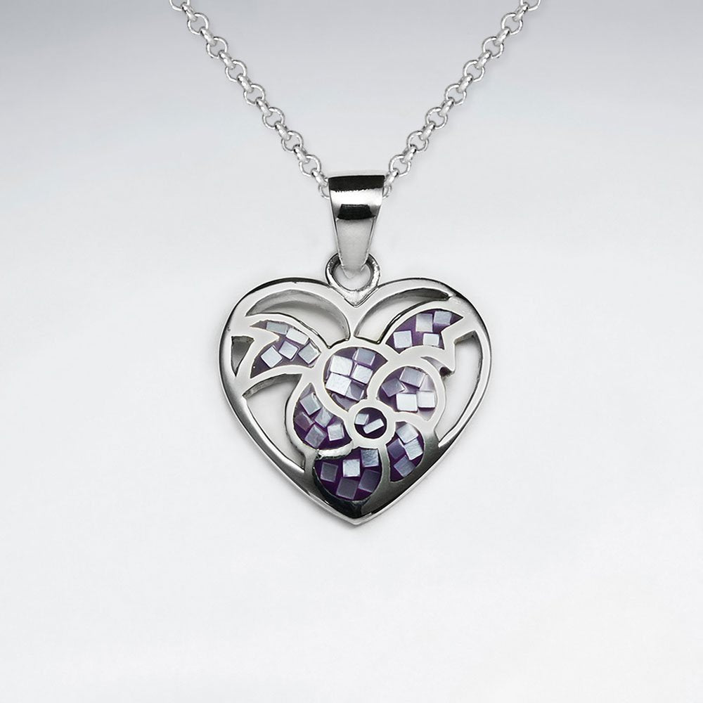 Blue Shell Heart Shape With Flower Silver Pendant