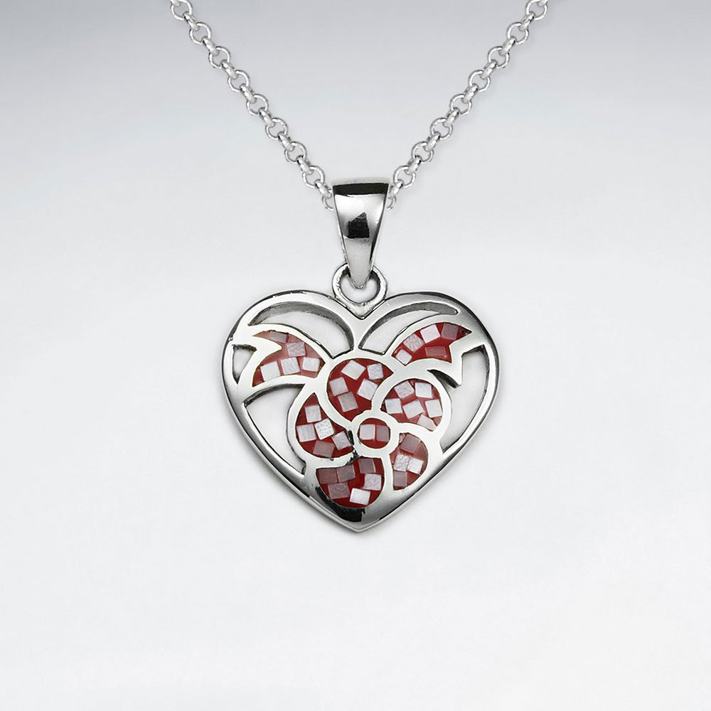 Blue Shell Heart Shape With Flower Silver Pendant