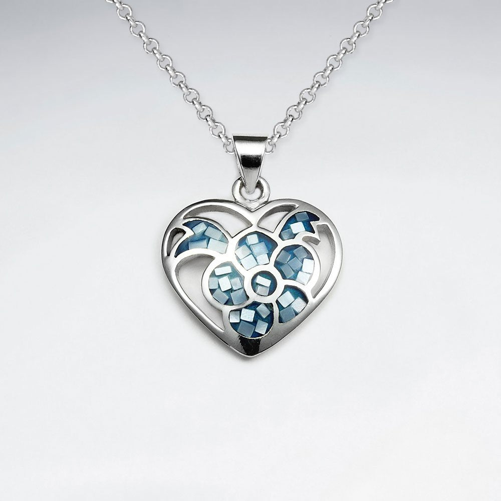 Blue Shell Heart Shape With Flower Silver Pendant