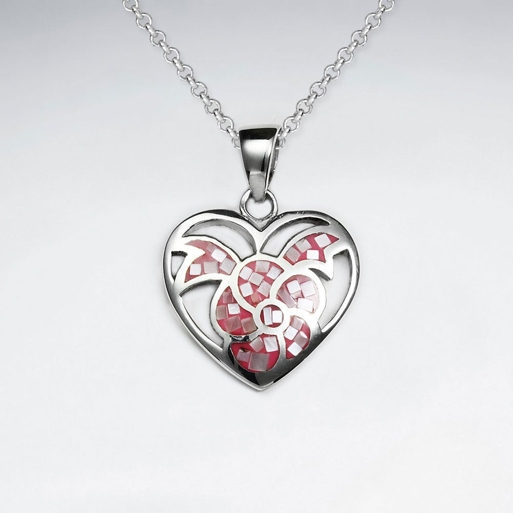 Blue Shell Heart Shape With Flower Silver Pendant