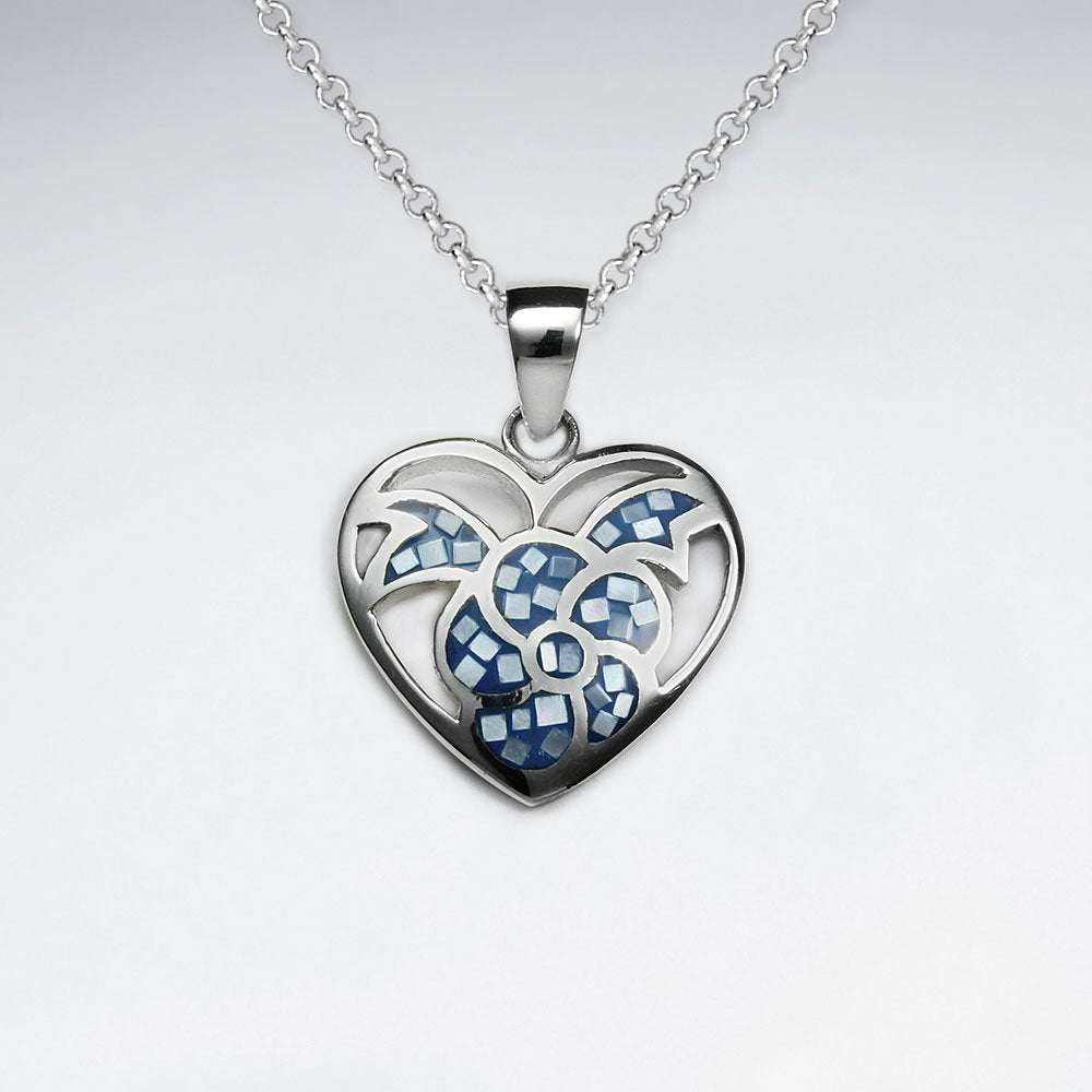 Blue Shell Heart Shape With Flower Silver Pendant