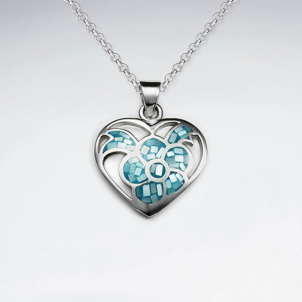 Blue Shell Heart Shape With Flower Silver Pendant
