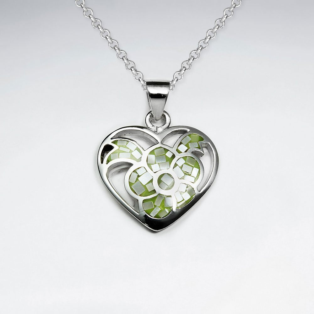 Blue Shell Heart Shape With Flower Silver Pendant