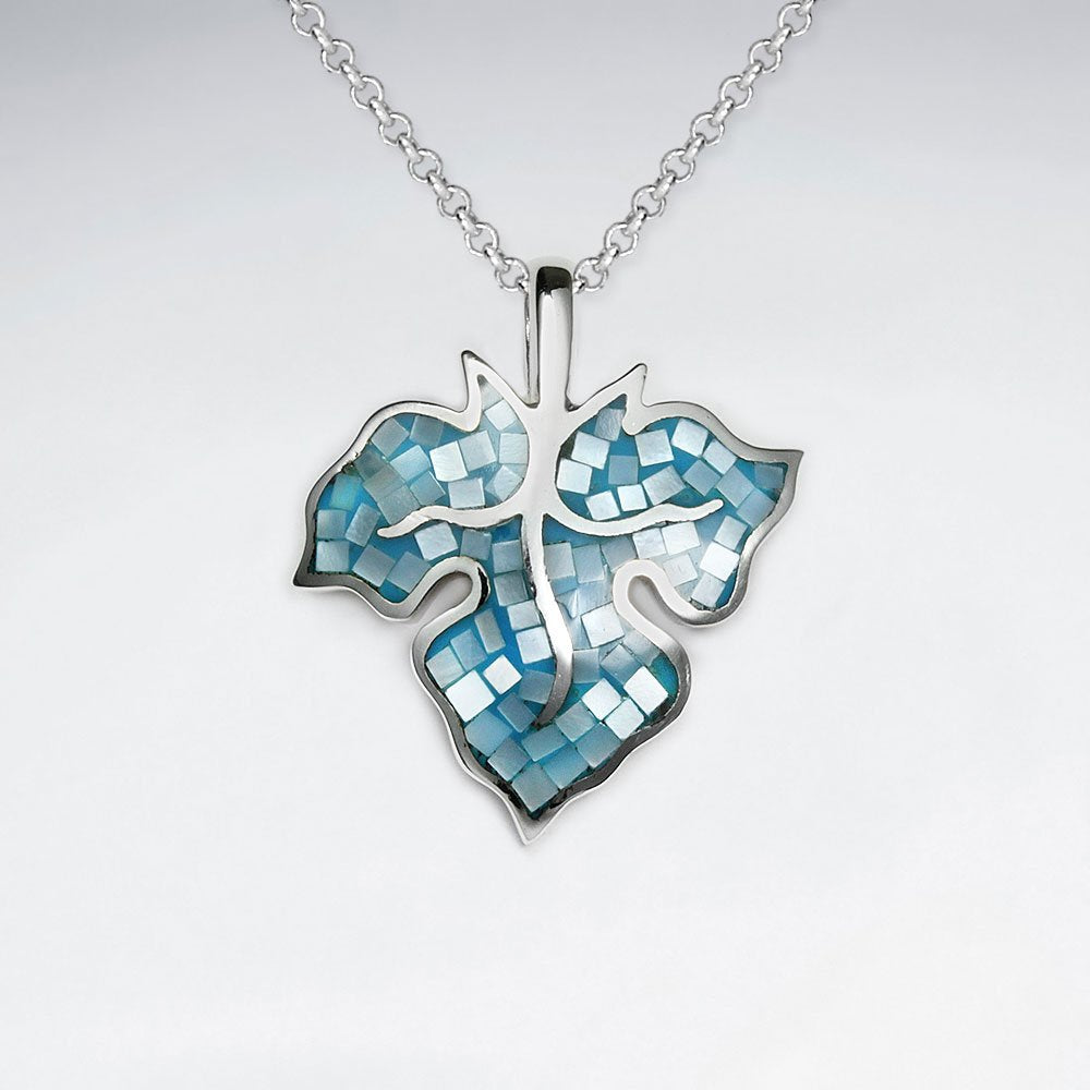 Blue Shell Autumn Leaf Silver Pendant