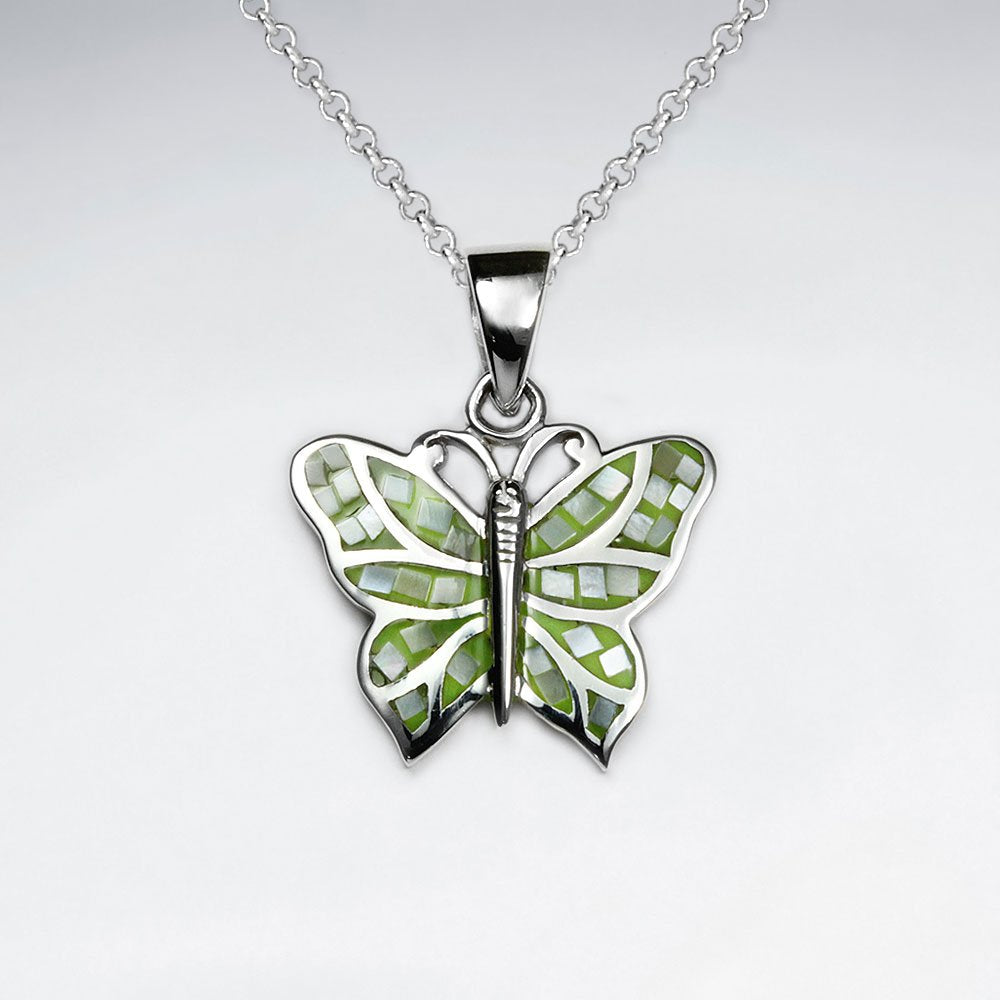 Green Shell Butterfly Silver Pendant