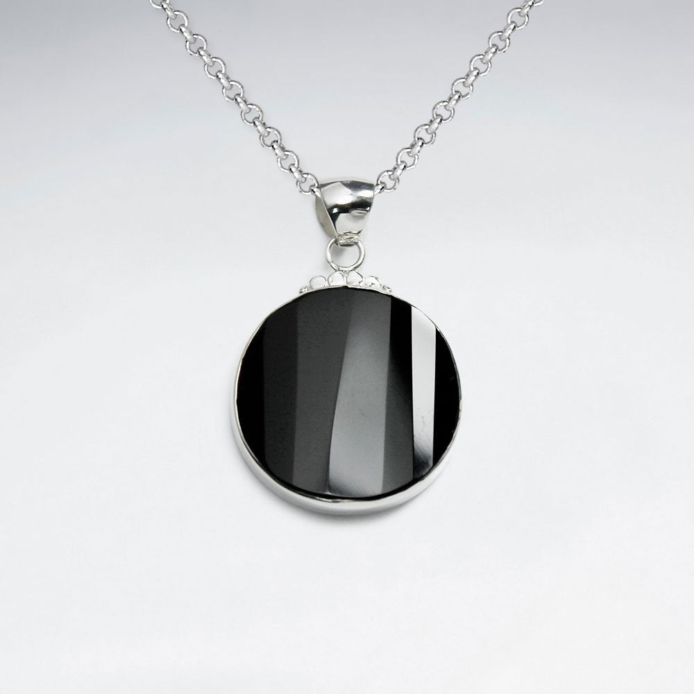 25 mm Round Black Stone Silver Pendant