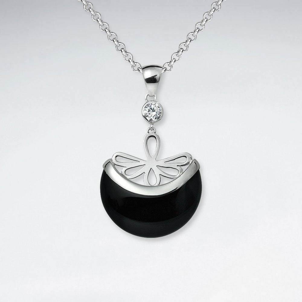 Black Stone Basket Pendant Wiith Silver Flower
