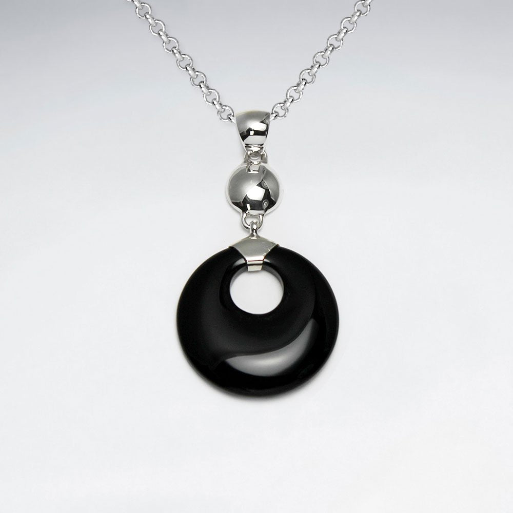 Round Silver Dangling Black Stone Silver Pendant