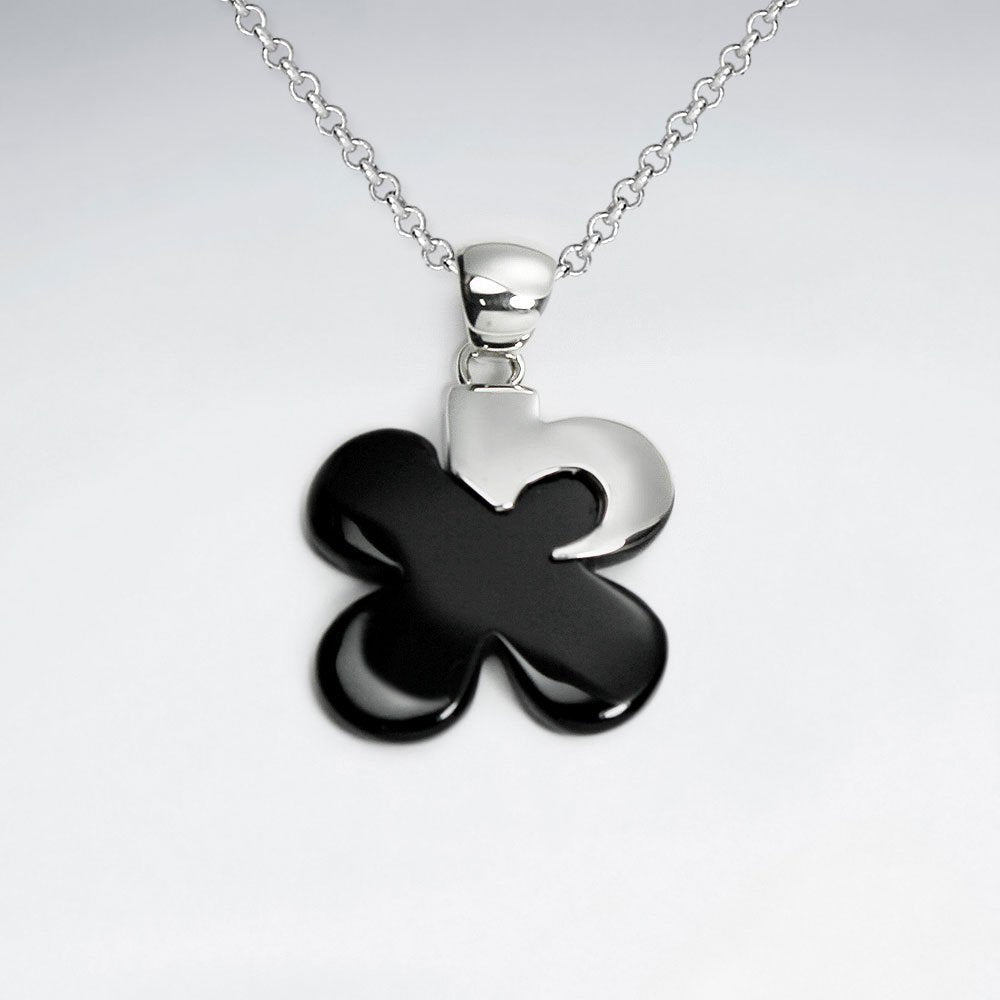 Flower Shape Black Stone Silver Pendant