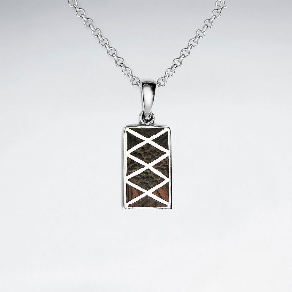 Rectangle Mix Wood Silver Pendant With Cross