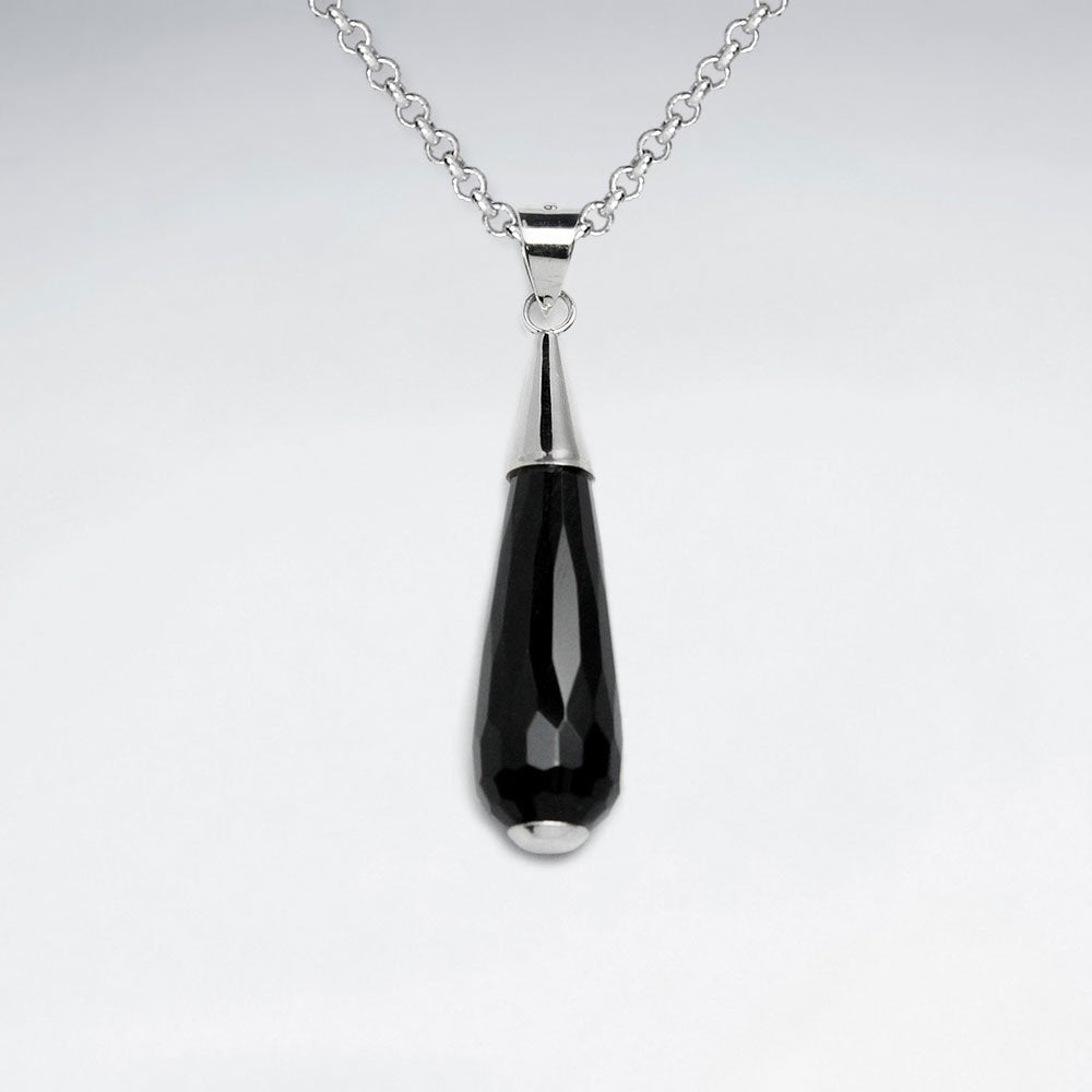 Faceted Black Stone Drop Silver Pendant