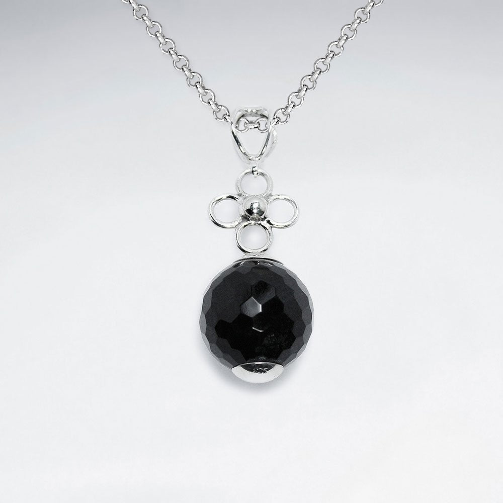 Silver Flower Pendant With Round Faceted Dangling Black Stone