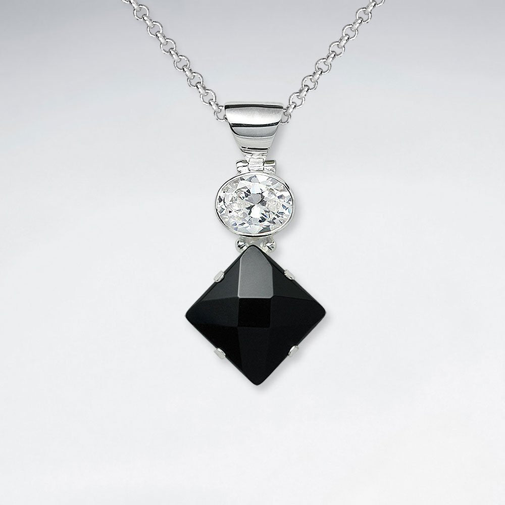 Oval CZ Silver Pendant With Faceted Rectangle Black Stone
