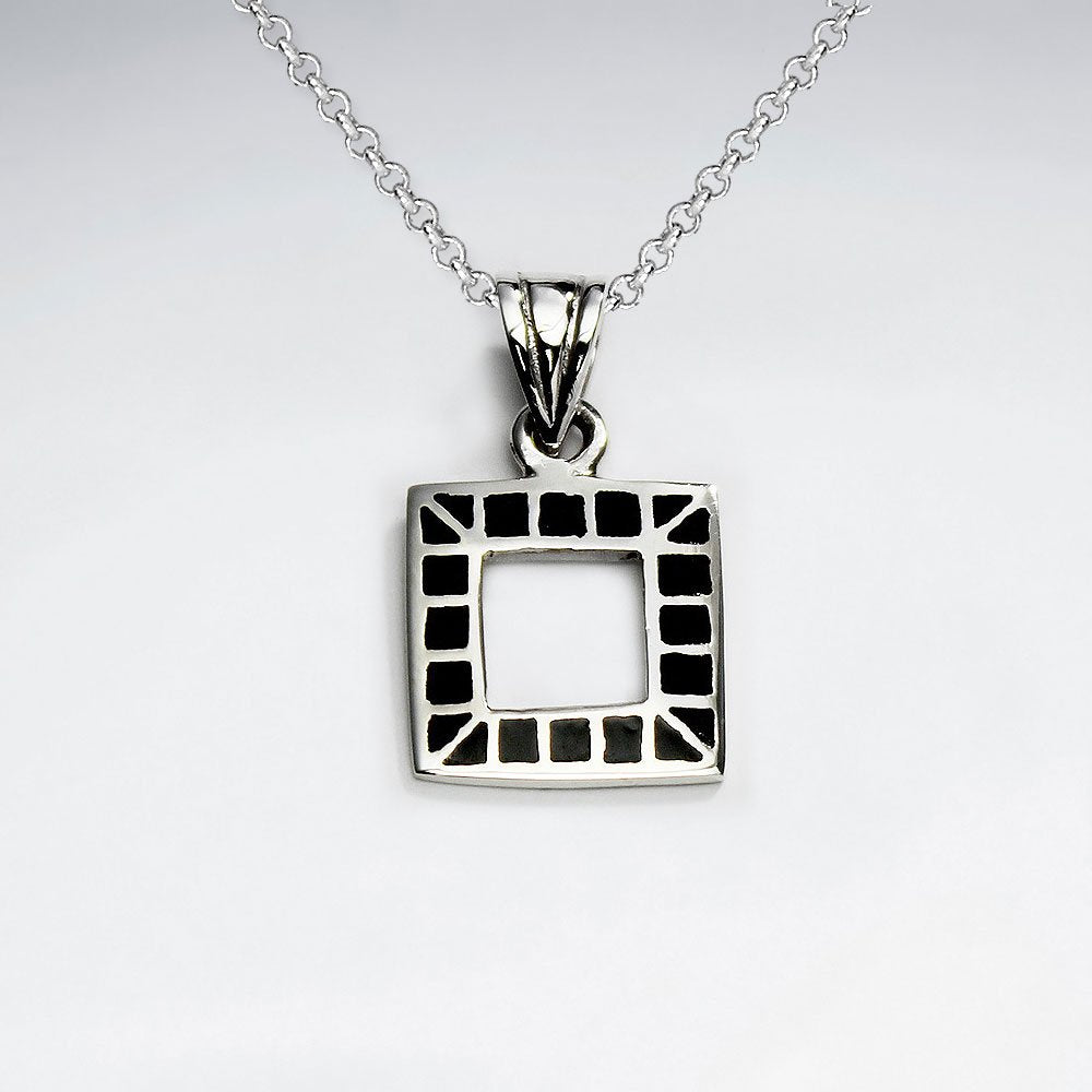 Open Square Silver Pendant With Black Stone Pattern