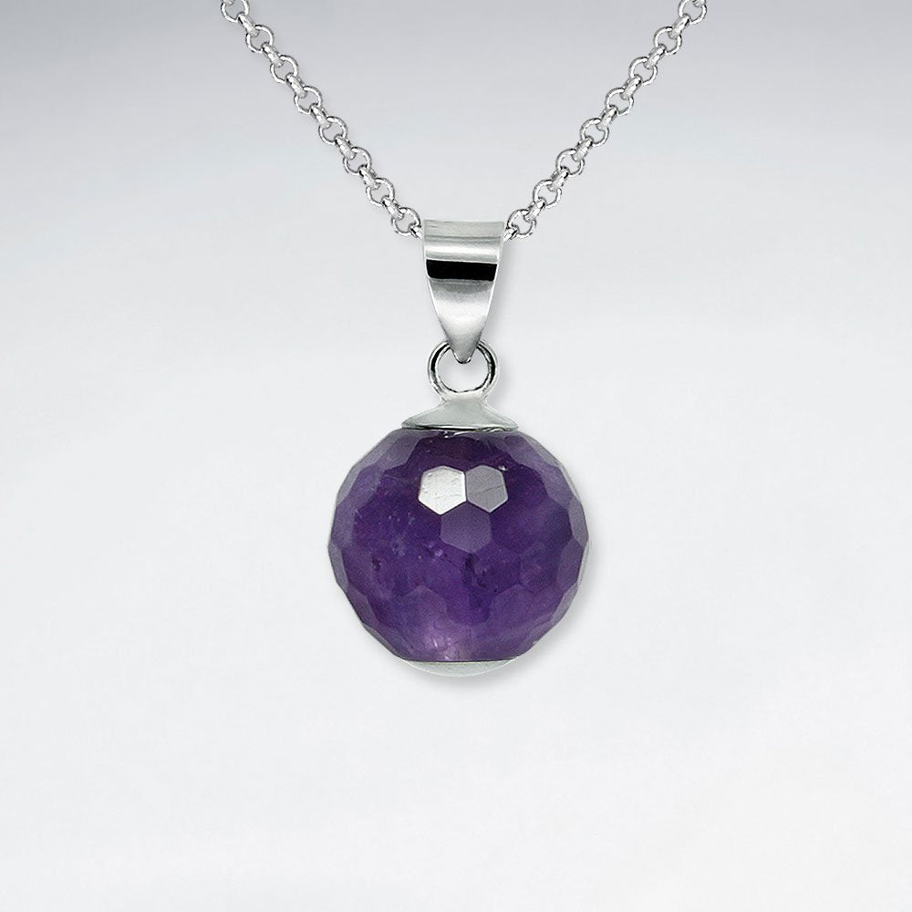 14 mm Round Faceted Amethyst Silver Pendant
