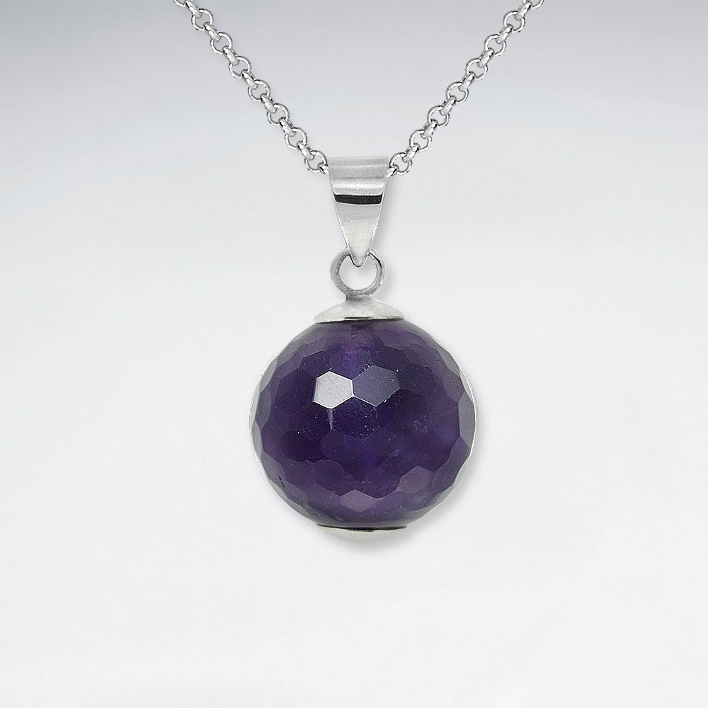 14 mm Round Faceted Amethyst Silver Pendant
