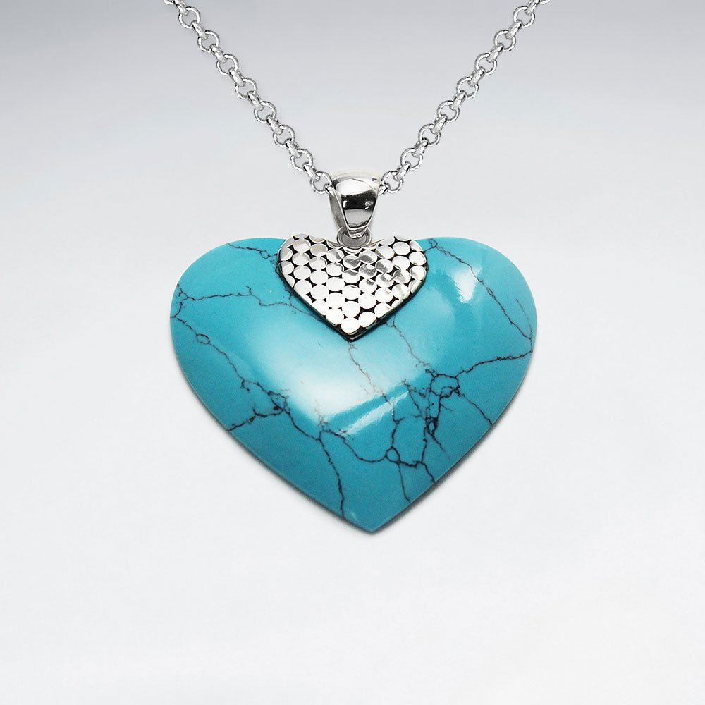 Heart Shape Silver Pendant Blue Turquoise With Dot Silver Cap