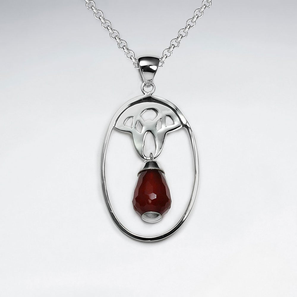 Oval Silver Pendant With Dangling Drop Carnelian At Center