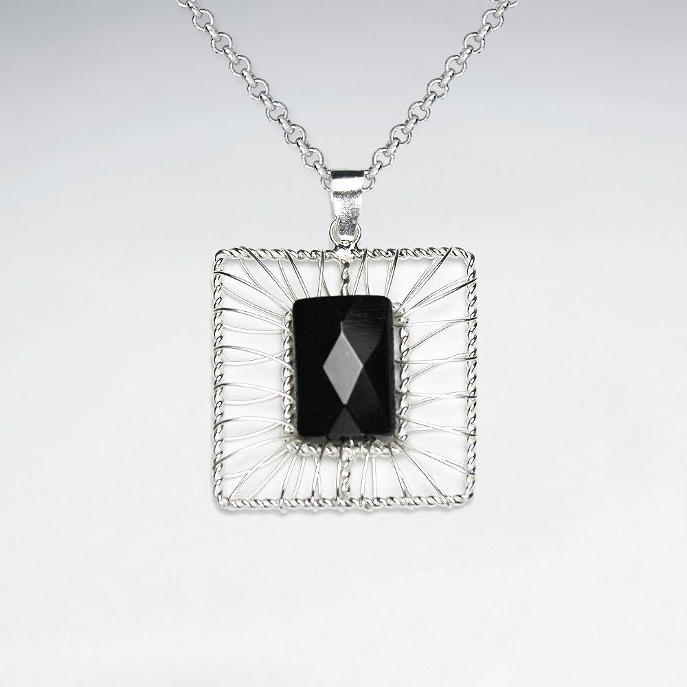 Wirework Silver Pendant With Rectangle Black Stone Faceted Pendant
