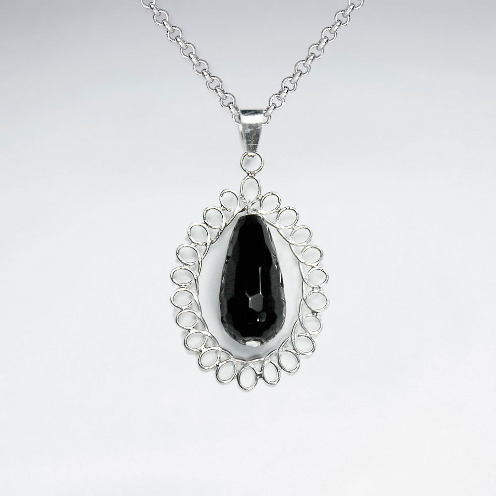 Wirework Silver Pendant With Drop Faceted Black Stone Pendant