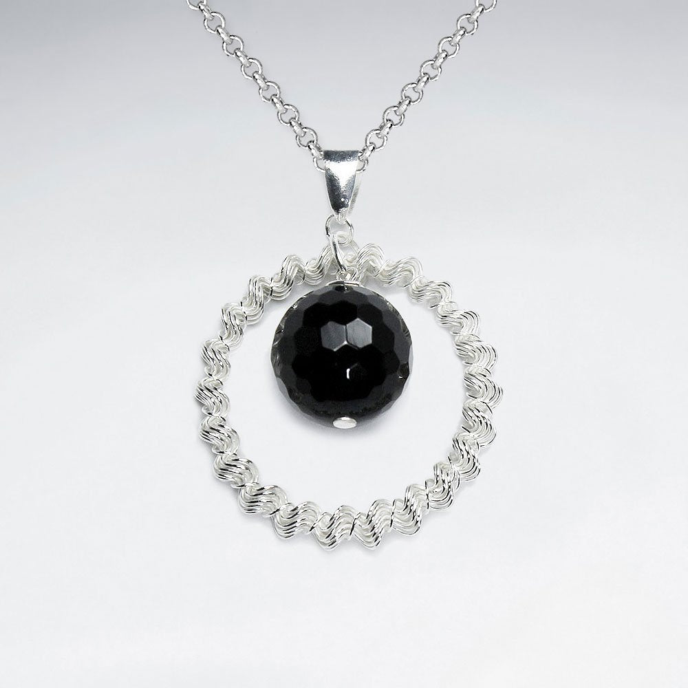 Open Circle Wirework Silver Pendant With Round Faceted Dangling Black Stone