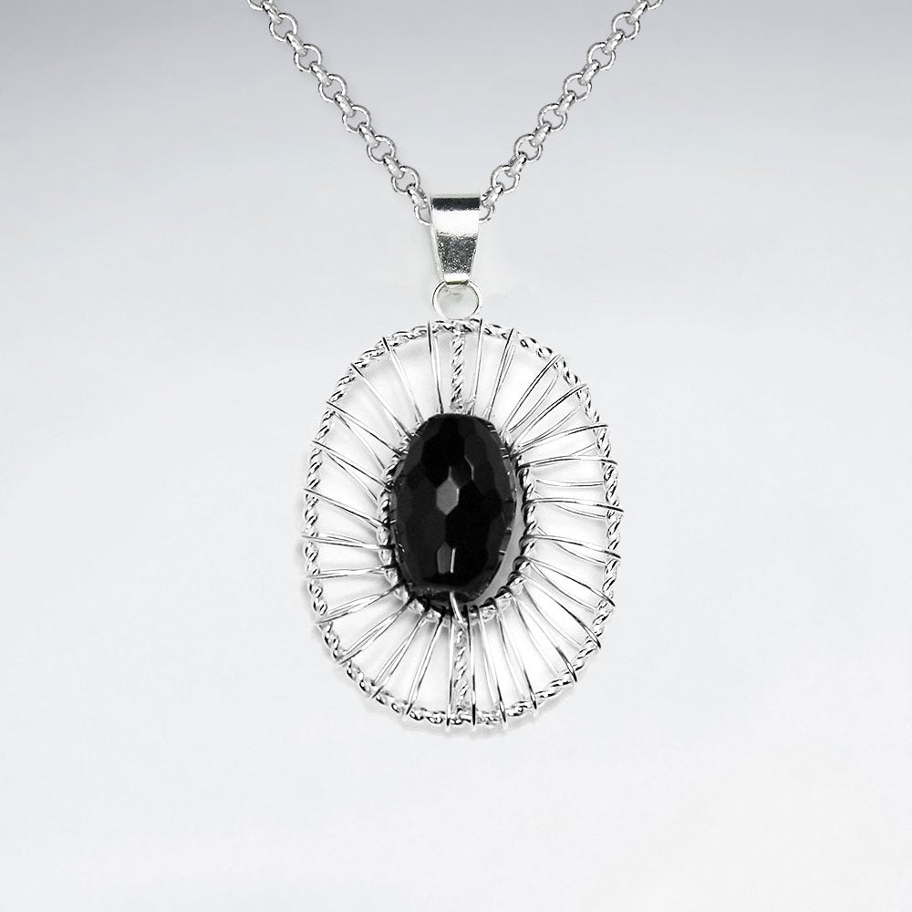 Oval Shape Wirework Silver Pendant With Oval Faceted Black Stone