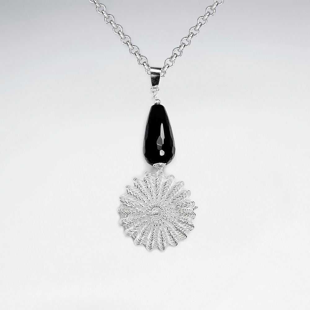 Black Stone Pendant With Silve Dangling Wirework