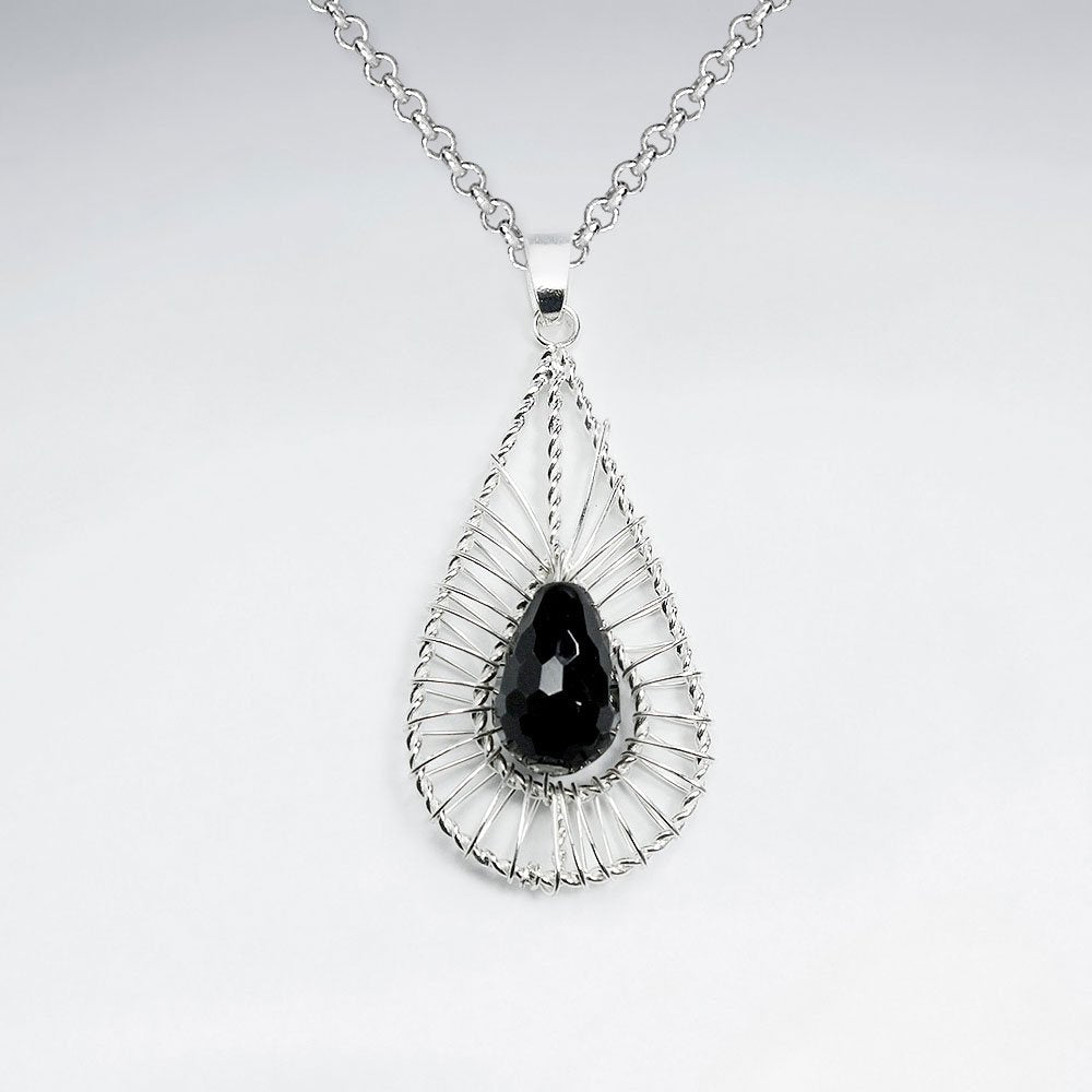 Drop Shape Wirework Silver Pendant With Oval Faceted Black Stone