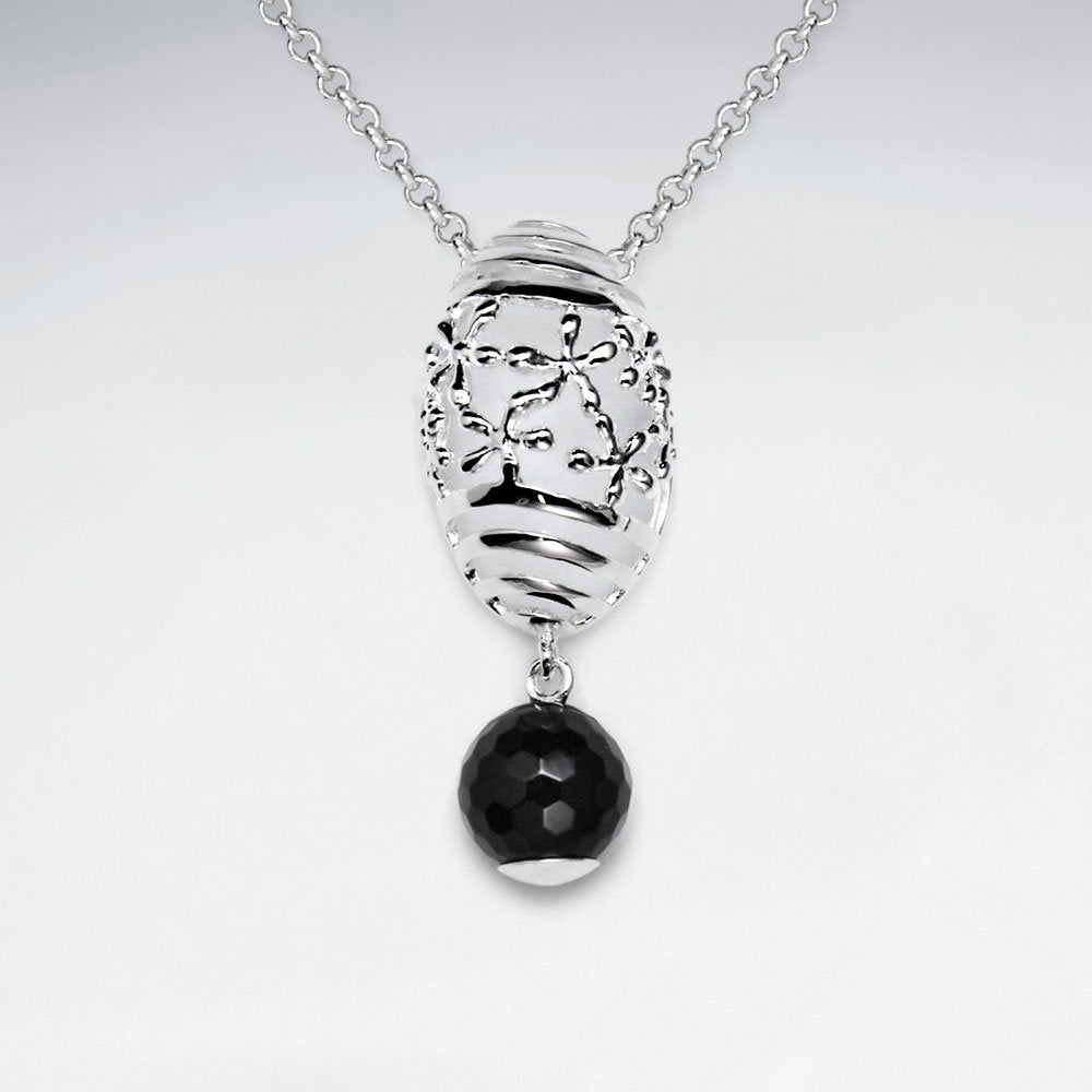 Oval Flower Silver Pendant With Round Faceted Dangling Black Stone