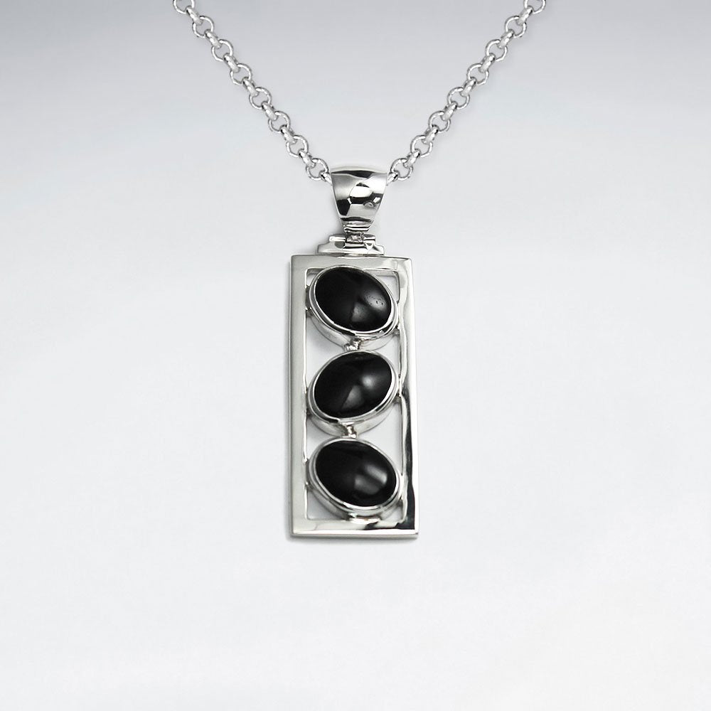 Rectangle Silver Pendant With Triple Oval Black Stone