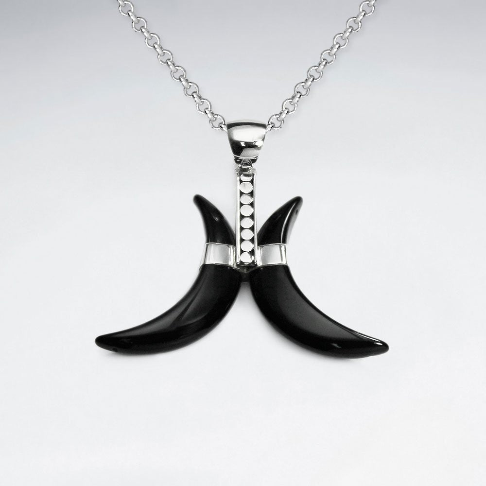 Double Moon Black Stone Silver Pendant