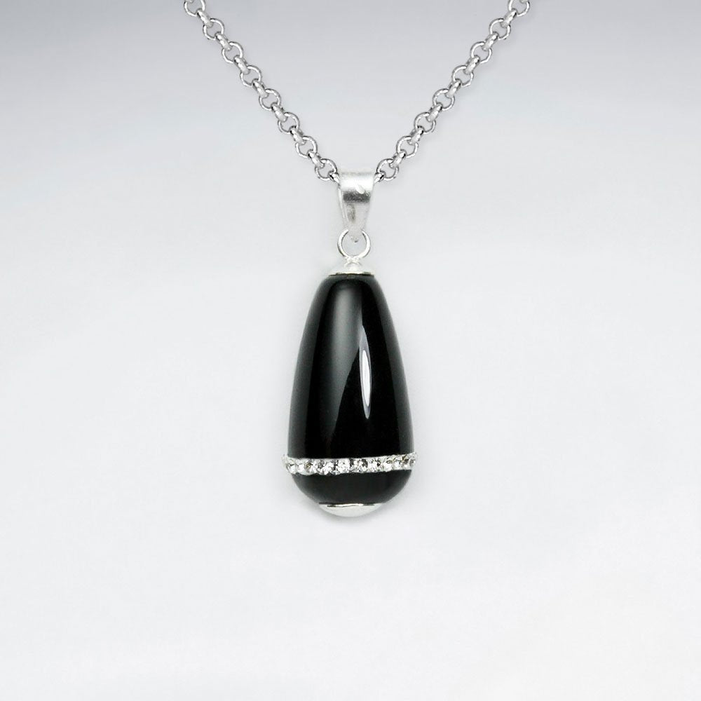 Black Stone Drop Pendant With White CZ Stripe
