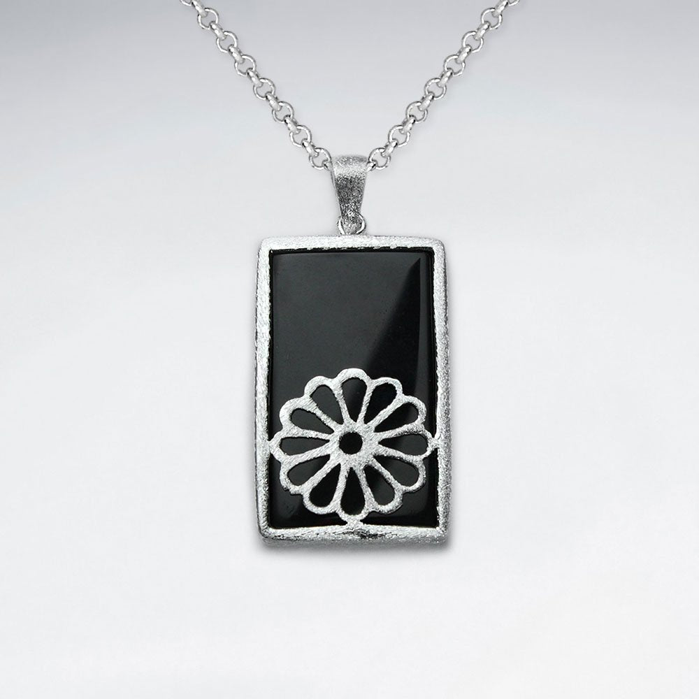Rectangle Black Stone Pendant With Silver Flower