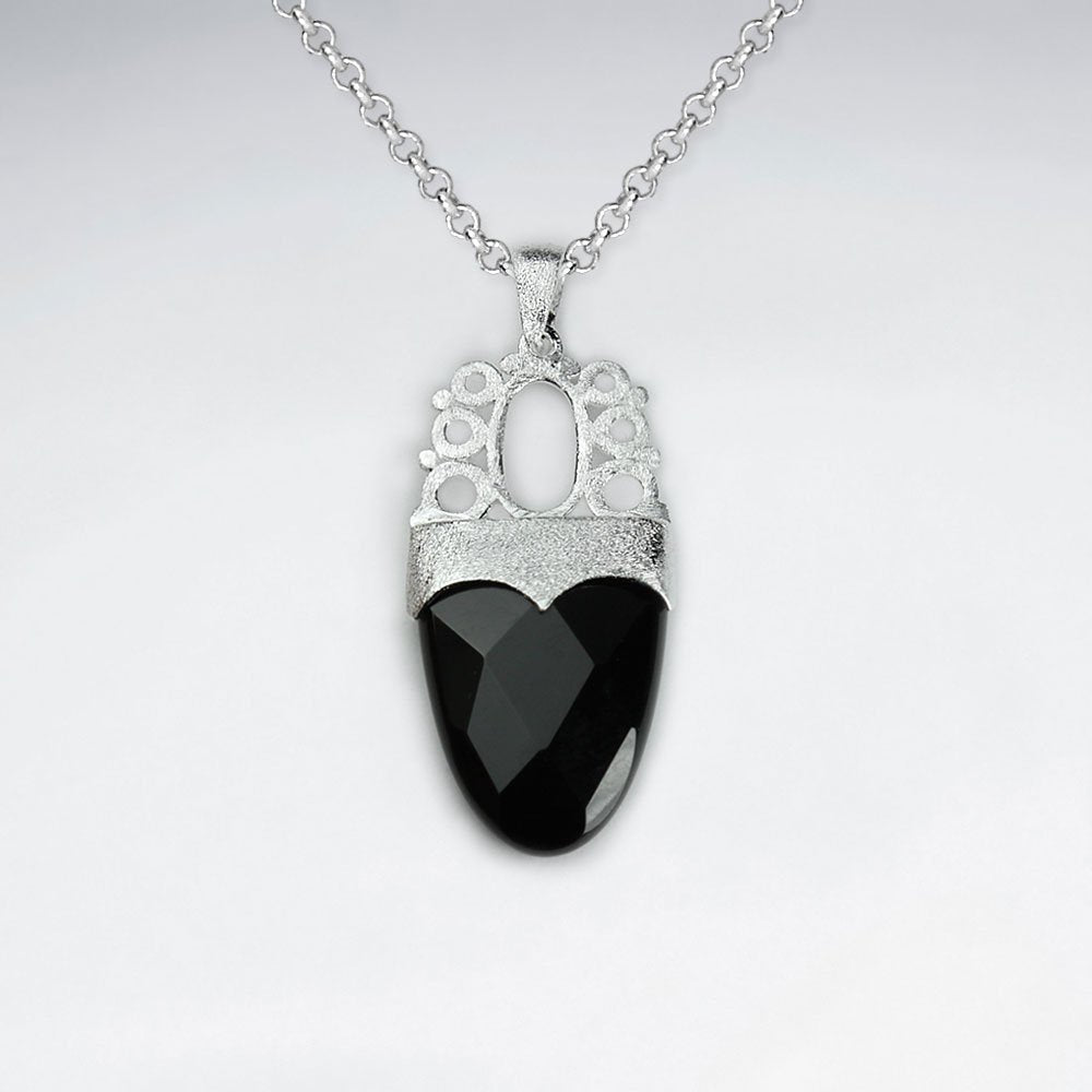Round Faceted Black Stone Silver Pendant