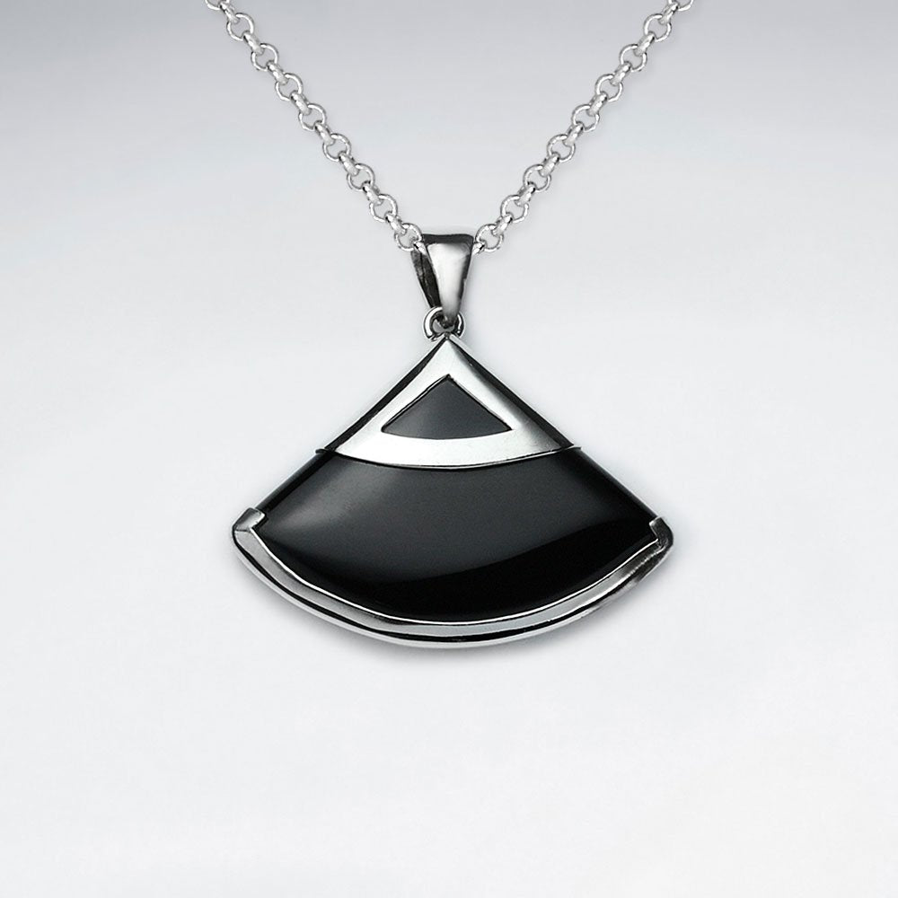 Fan Shape Black Stone Silver Pendant