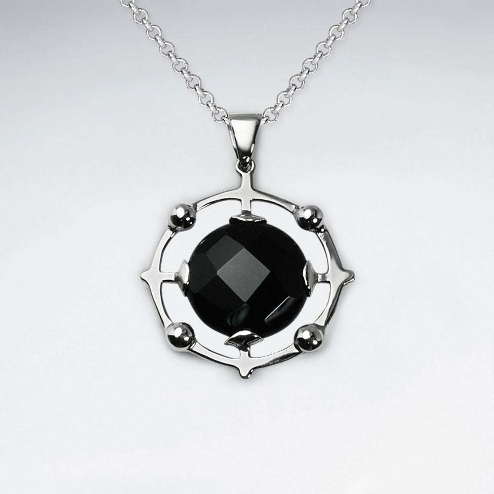 Black Stone Disk With Silver Pendant