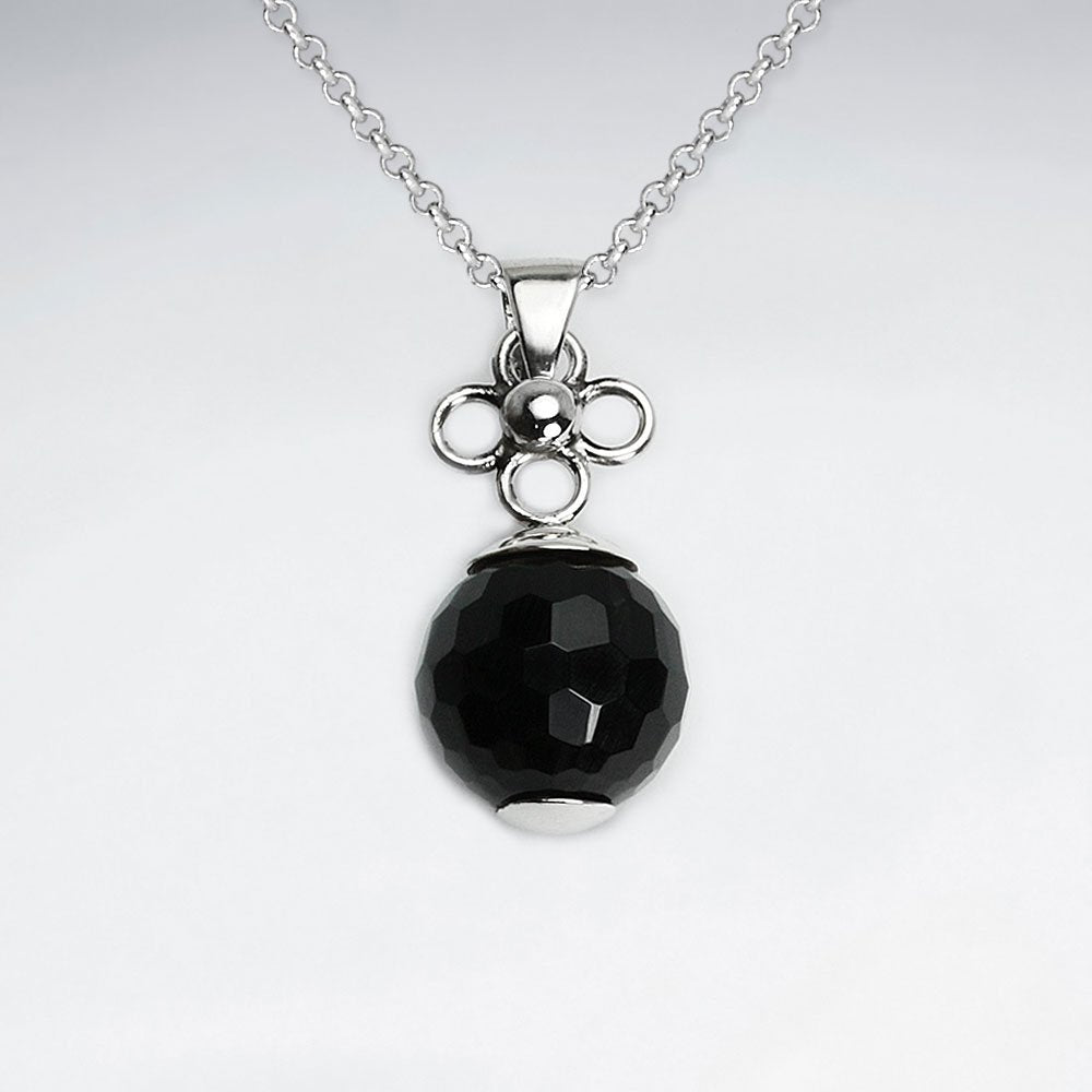 Round Faceted Black Stone Silver Pendant