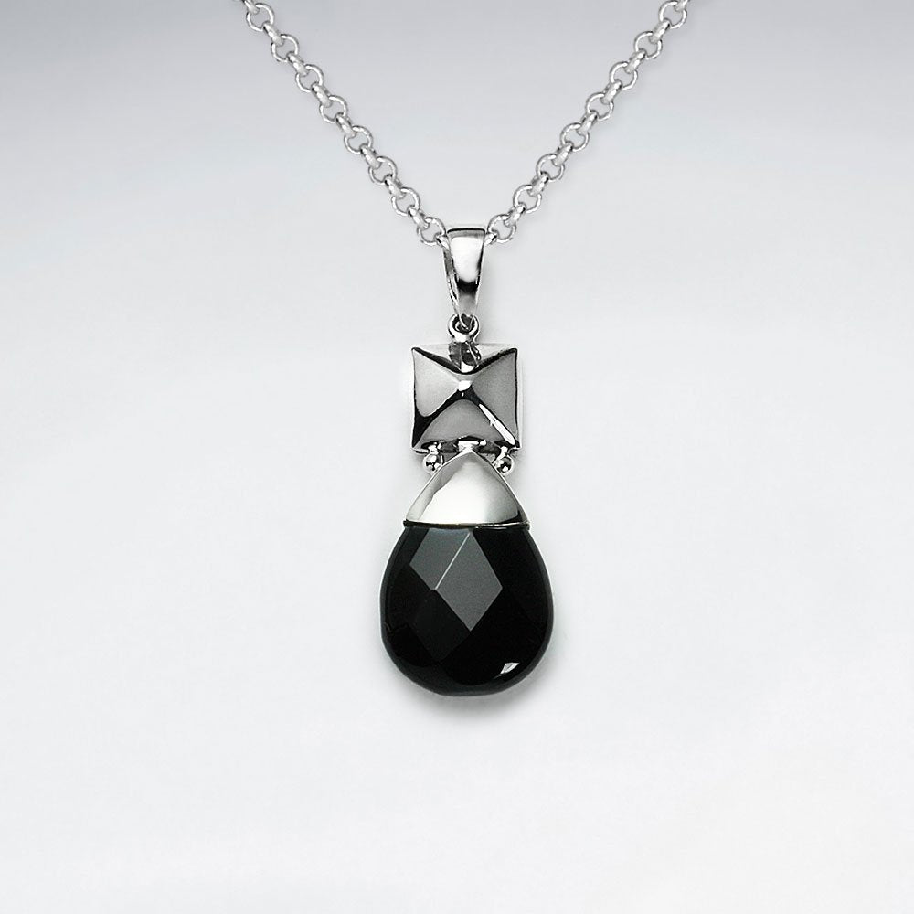 Faceted Black Stone Drop Silver Pendant