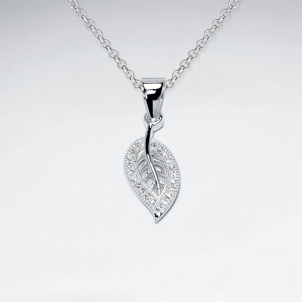 Delicate Silver Cubic Zirconia Leaf Pendant