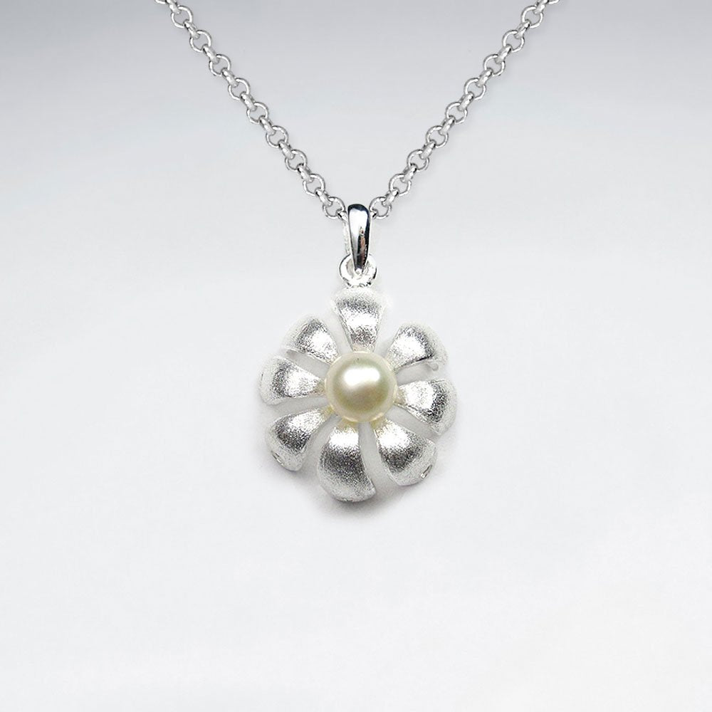 Large Silver Flower Pendant With Delicate Pearl Center