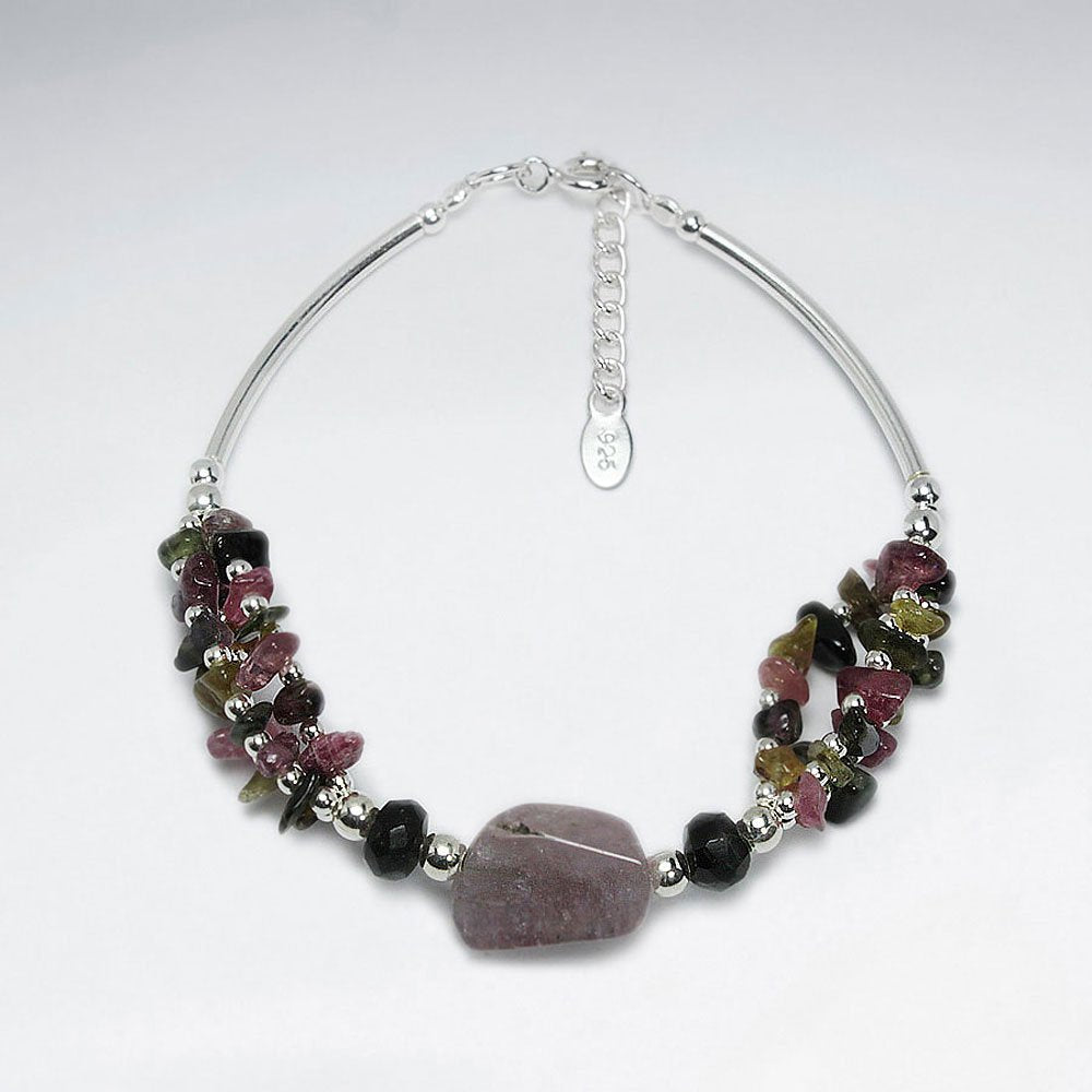 7" Clustered Tourmaline Nugget With Long Curve Silver Tube Bracelet