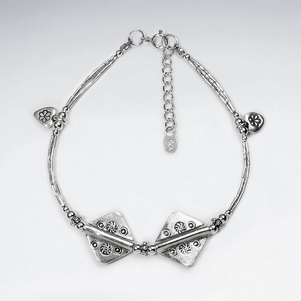7" Thai Hand Made Silver Bracelet With Double Square Charm